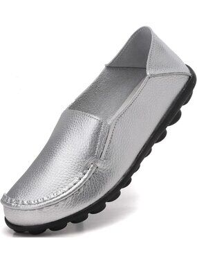 Women's Silvery Leather Loafers Slip On Comfortable Walking Driving Flats Shoes